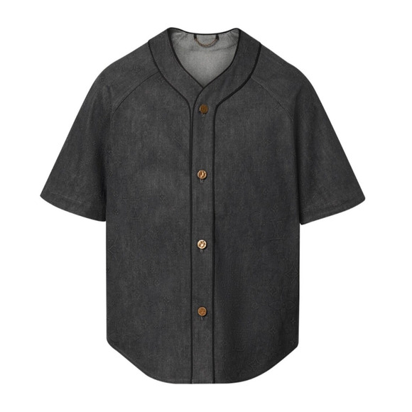 Louis Vuitton Black Embossed Monogram Logo Baseball Shirt Short Sleeve Button L - Picture 1 of 16